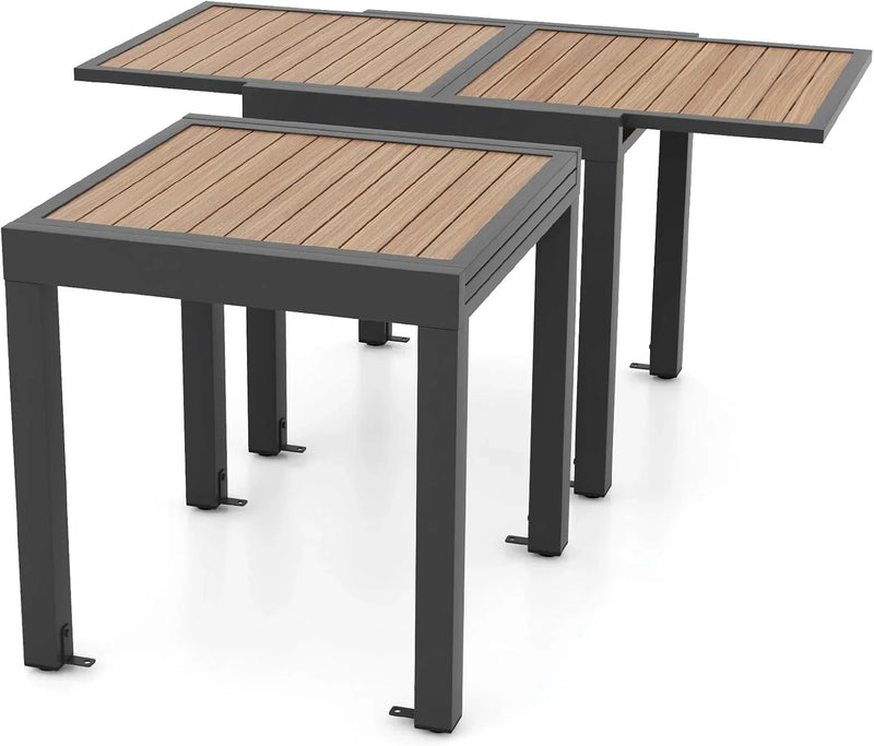 Extensible outdoor dining table, patio table, all-weather aluminum frame, large rectangular lawn backyard garden terrace dining table, suitable for 4 to 6 people, dark gray (dark gray, slatted tabletop) E1