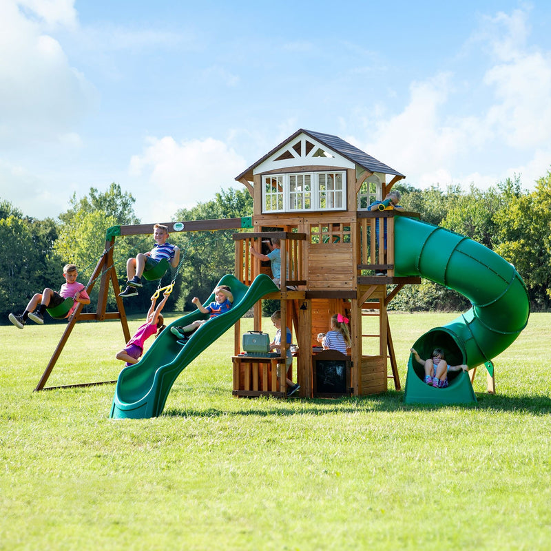 Backyard Discovery Kids' Bristol Point Cedar Wood Swing Set with Swing Beam, Upper & Lower Fort, Rock Wall & Slide Play for up to 11 Kids F6
