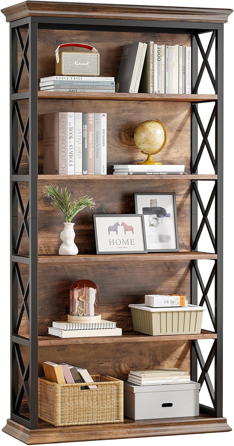 6-Tier Bookcase, 71 Inches Industrial Bookshelves, Floor Standing Display Storage Shelves Tall Bookcase for Home Office, Living Room E2
