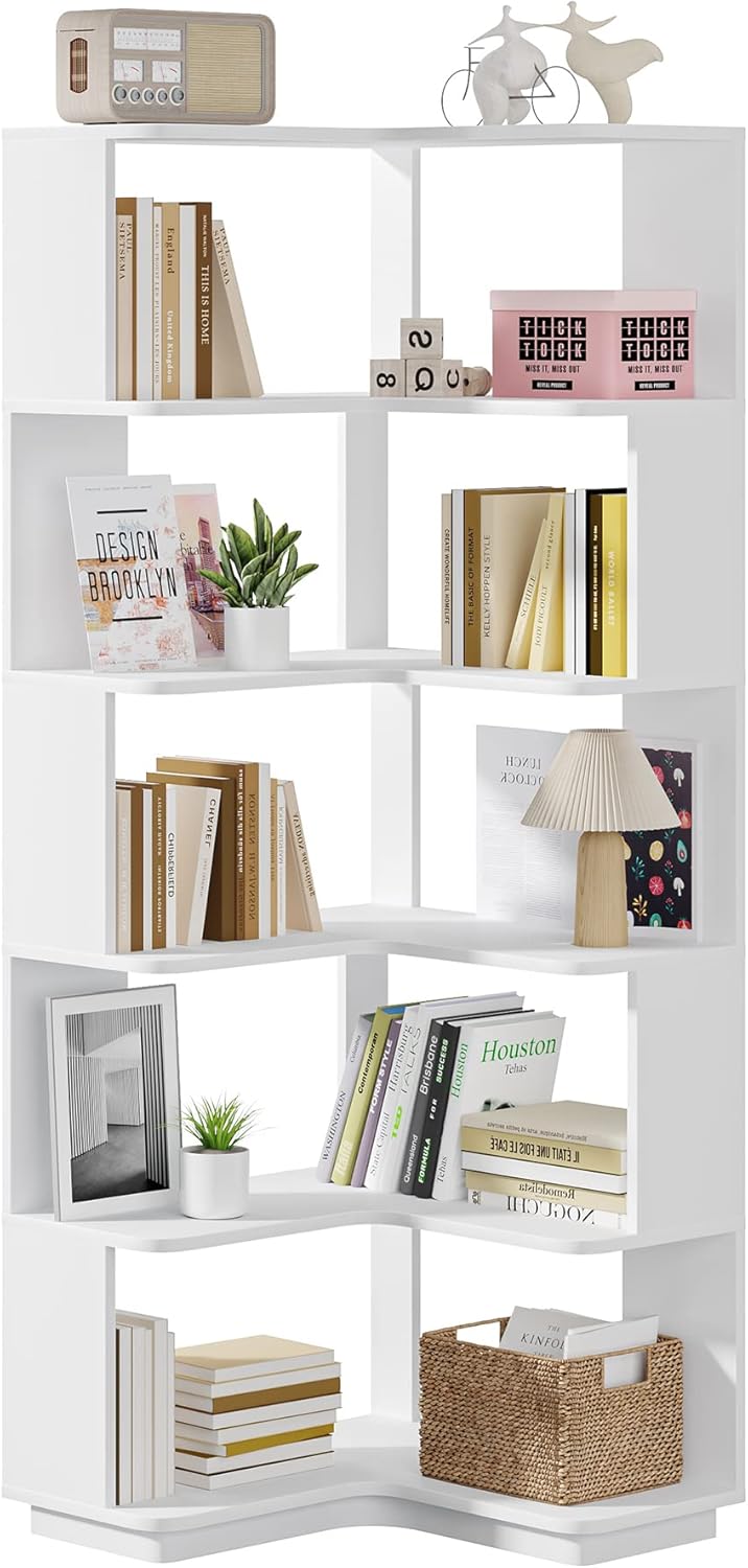 Tribesigns 6-Tier Corner Bookshelf, 64.9 Inch Tall Bookcase with Anti-Drop Panel, Modern Freestanding Corner Shelf Display Rack Storage Organizer for Home Office, Living Room, WhiteTribesigns 6-Tier Corner Bookshelf, 64.9 Inch Tall Bookcase with Anti T0