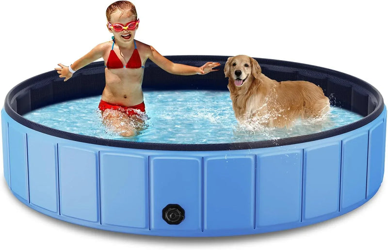 Foldable Dog Swimming Pool, 120"x20" Oversize Collapsable Hard Plastic Potable Bathing Tub for Pet Dog Kiddie Pool Indoor and Outdoor Leakproof PVC Play Pool for Large Dogs Pets Puppy Kids Blue H6