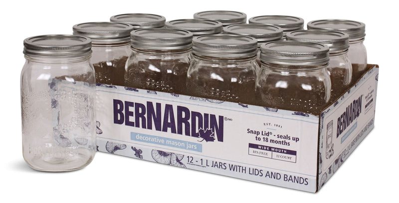 Bernardin Decorative Glass Mason Jars with Snap Lids, 1 L, 12 Count J6