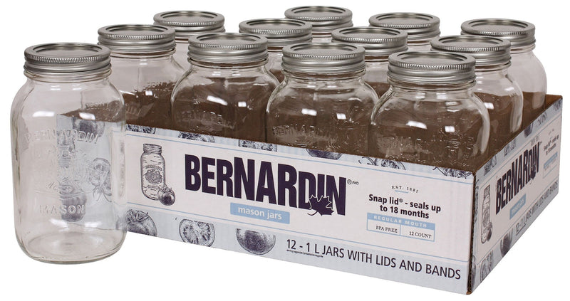 Bernardin Regular Mouth Glass Mason Jars with Lids and Bands, 1 L, 12 Count A6