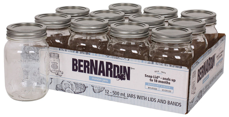 Bernardin Regular Mouth Glass Mason Jars with Snap Lids, 500 mL, 12 Count U2