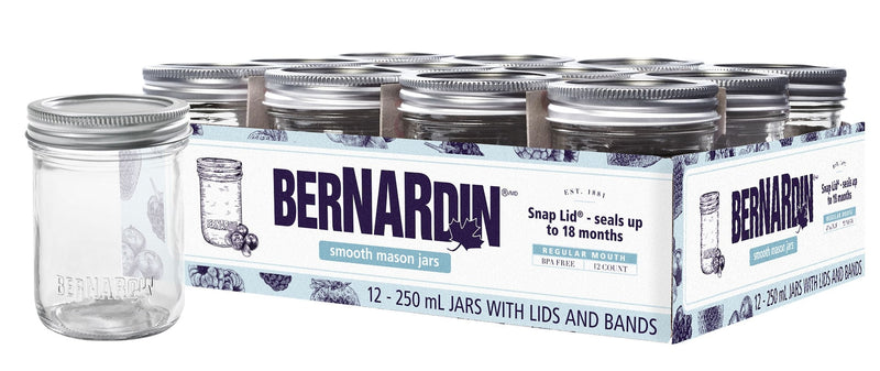 Bernardin Regular Mouth Smooth Glass Mason Jars with Snap Lids, 250 mL, 12 Count I2