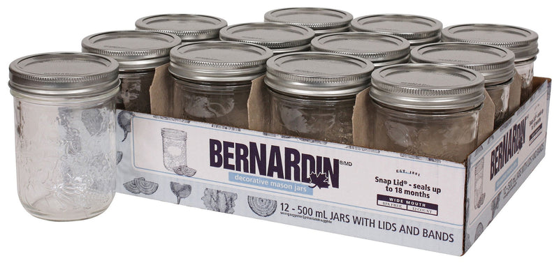 Bernardin Wide Mouth Decorative Glass Mason Jars with Snap Lids, 500 mL, 12 Count S0