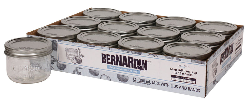 Bernardin Wide Mouth Decorative Glass Mason Jars with Snap Lids and Bands, 250 mL, 12 Count T6