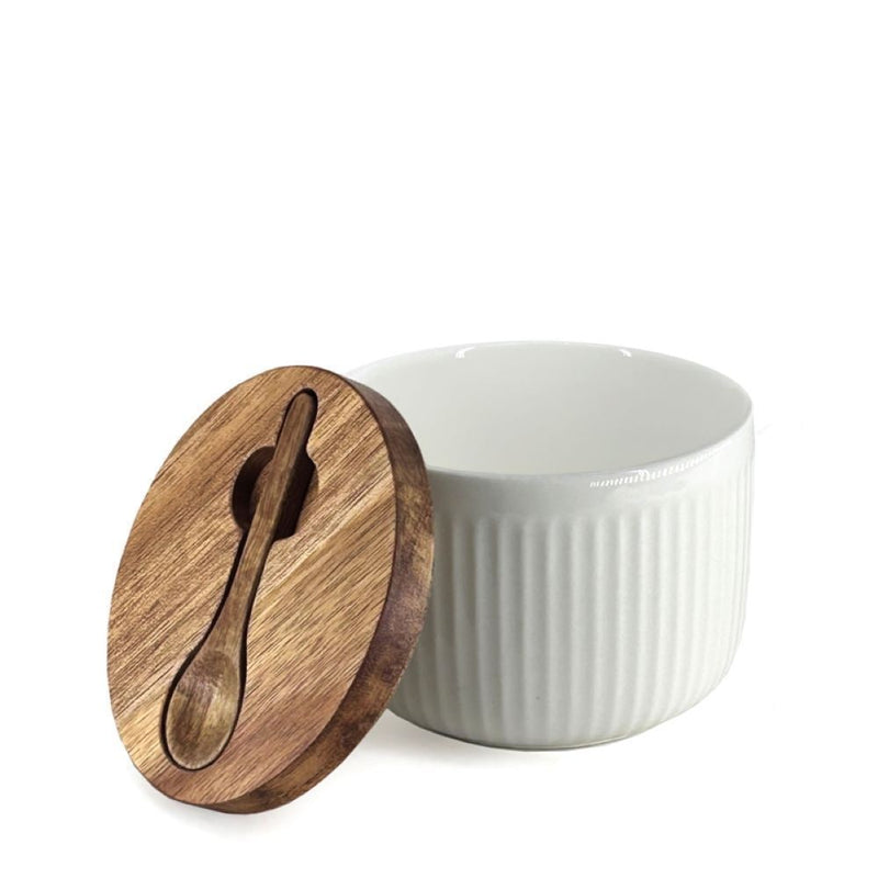 BIA Porcelain Salt/Herb Keeper with Spoon & Acacia Lid, Dishwasher Safe L4