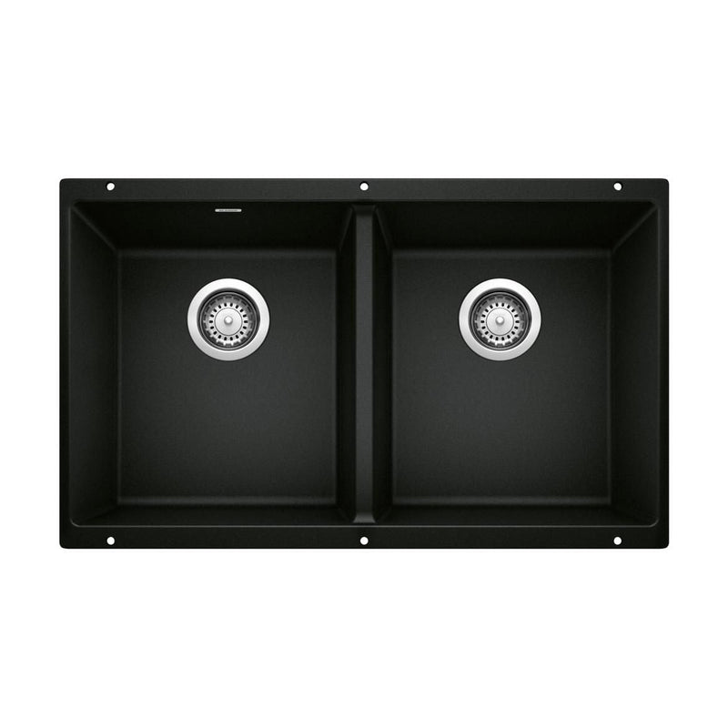 Blanco Precis SILGRANIT 29-in 50/50 Double Bowl Undermount Kitchen Sink, Coal Black W5