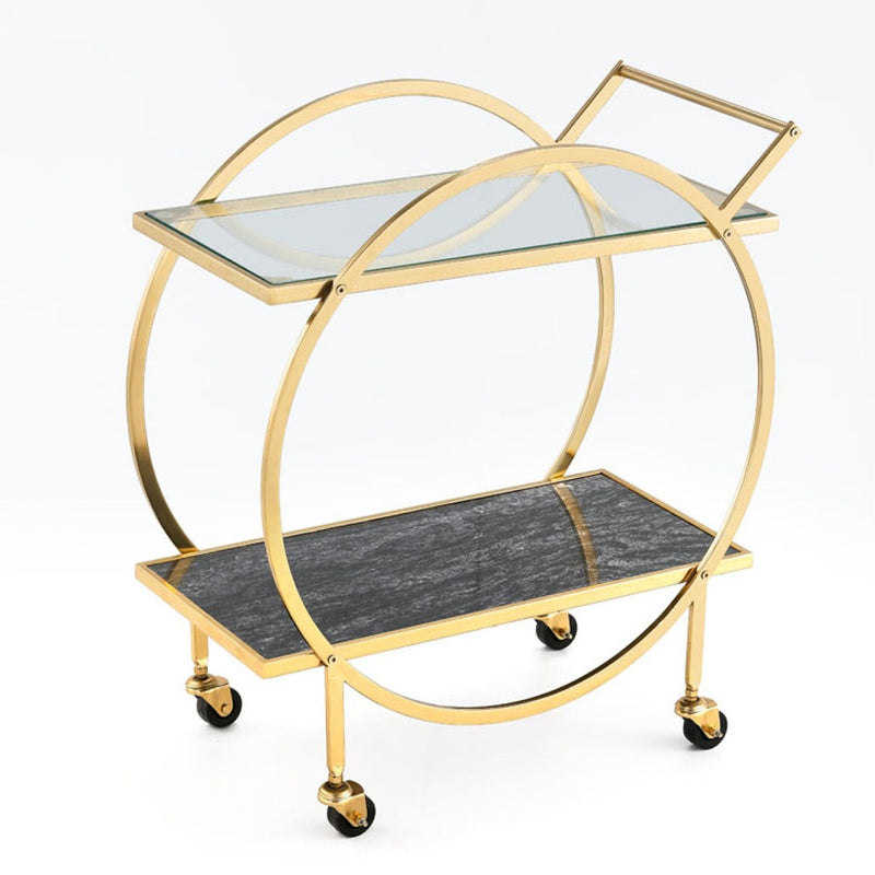 Brassex Zara 2-Tier Circular Rolling Bar Storage Cart with Mirrored Top, Gold B1