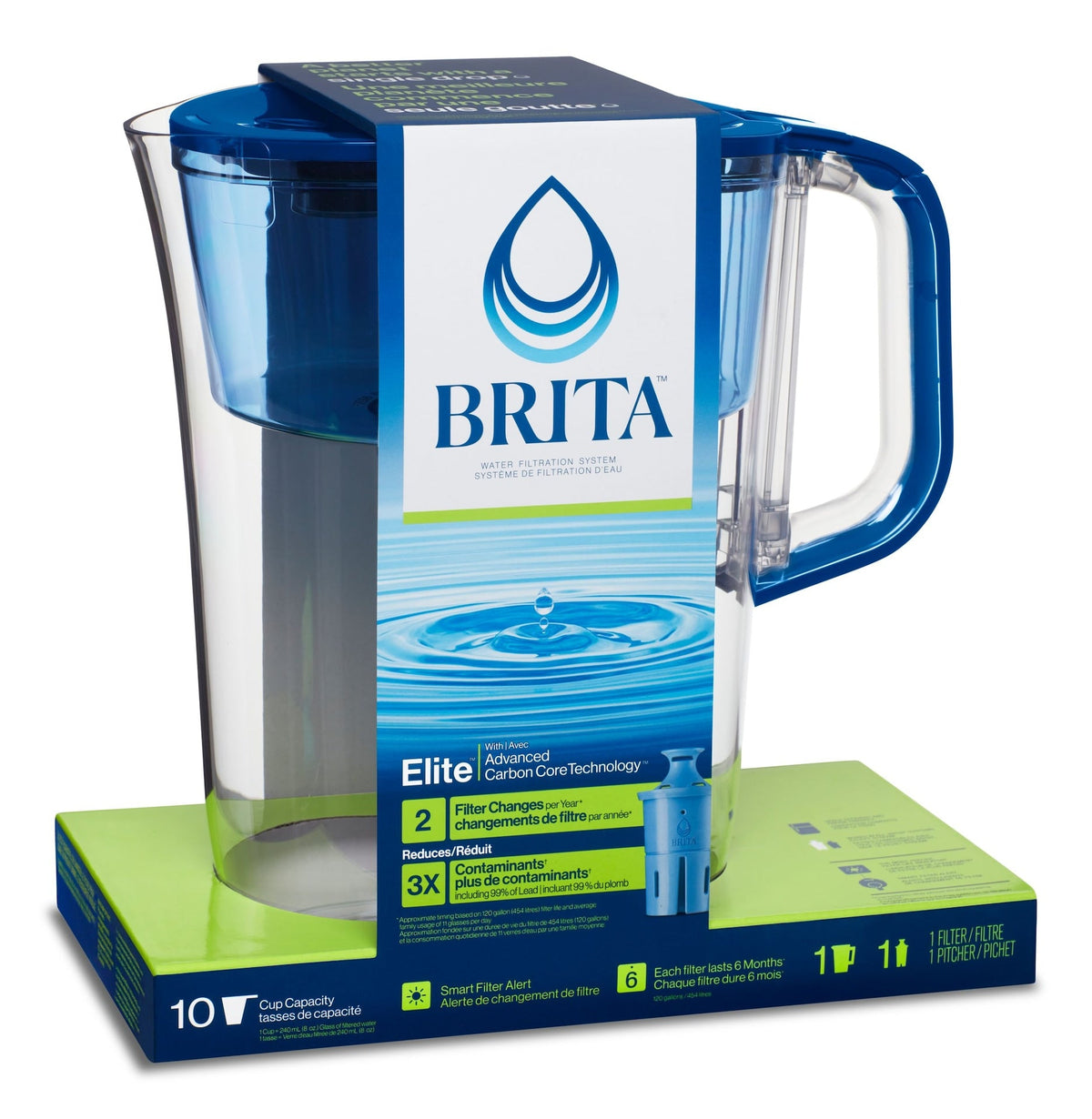 Brita Elite Filter Pitcher with Smart Light Indicator, 10-Cup, Blue Tahoe