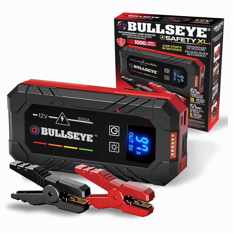 Bullseye Safety XL 1000A 12V Car Jump Starter, Portable Booster with Jumper Cables, 6.0-L Gas & 3.0-L Diesel, 1800mAh Rechargeable I1