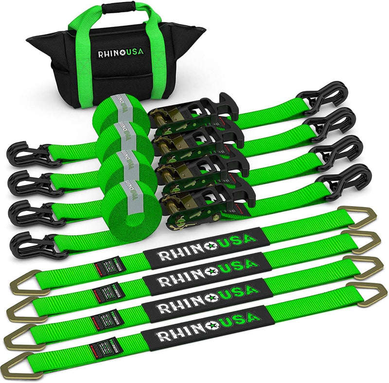 Car Tie Down Straps for Trailers with J Hooks (4-Pack) - 2 Inch x 8 Feet (10,000lb Break Strength) - Heavy Duty T-Handle Car Hauler Tire Straps for Trailer & UTV with Axle Straps - Black D4