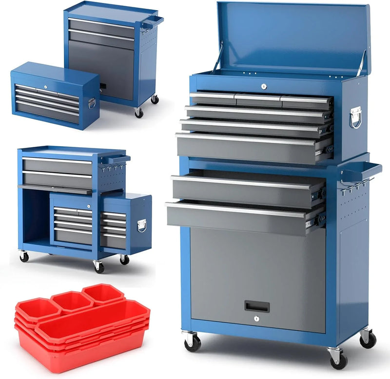 Tool Chest 8-Drawer | 42'' Large Rolling Tool Chest with Wheels | Detachable Top Metal Tool Box | Garage Storage Cabinet for Repair Room,storage area | Rolling Tool Box with Hooks,Liners,Tray Divider A5