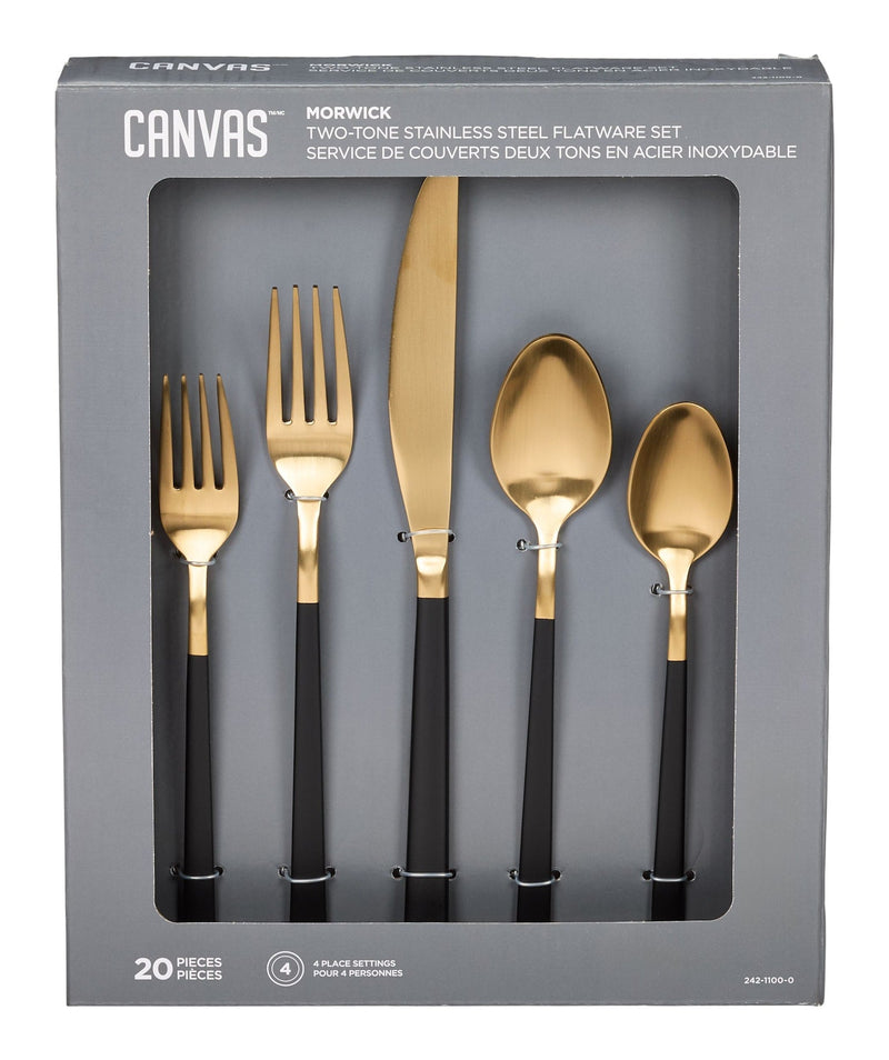 CANVAS Flatware Set, Serves 4, 20-pc, Black & Gold K4