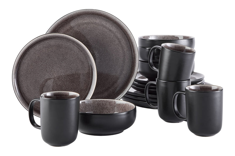 CANVAS Kenway Stoneware Dinnerware Set, Serves 4, 16-pc, Matte Black & Taupe Reactive Glaze S4