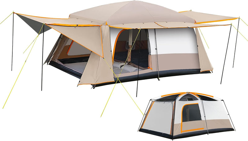 Camping Tent, 4-6 Person Family Cabin Tents, Large Waterpoof Tents for Camping Outdoor, 210D Oxford Fabric Blackout Foldable Sunburn Prevention Tent with 2 Rooms, 3 Foyers for Picnic Khaki W0