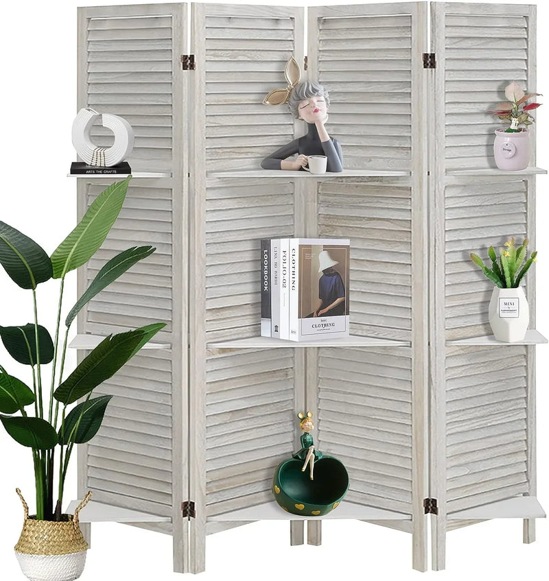 ECOMEX Room Divider 4 Panel, White with Shelves, Wall Dividers and Folding Privacy Screens E6