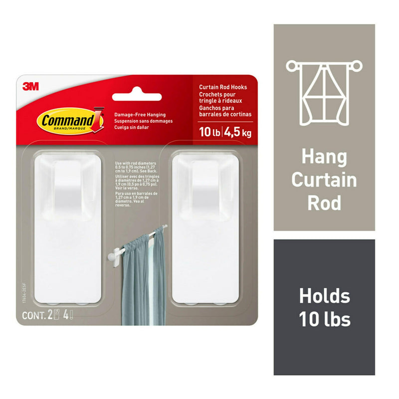 Command 2-Piece 10-lb Matte White Damage Free Curtain Rod Hooks X2