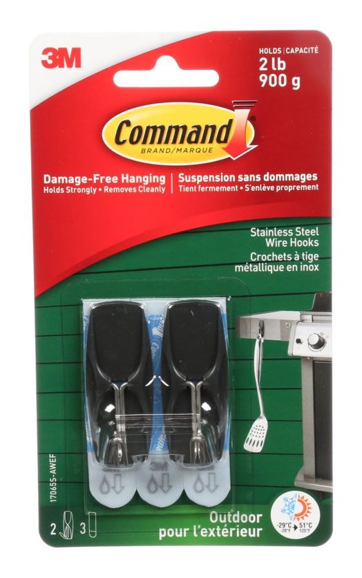 Command Adhesive Outdoor Wire Hooks with Adhesive Strips, Stainless Steel, 2-lbs, 2 Strips per Pack S6