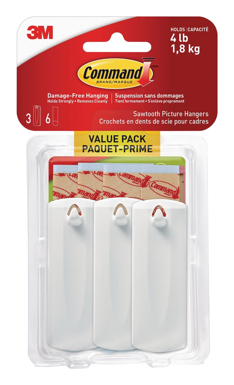 Command Adhesive Sawtooth Picture Hanging Hooks with Adhesive Strips, White, 4-lbs, 3 Strips per Pack S5