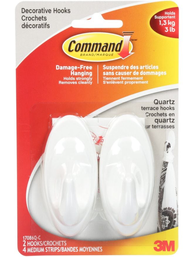 Command Decorative Quartz Terrace Hooks with Adhesive Strips, White, 3-lbs, 2 Strips per Pack M4