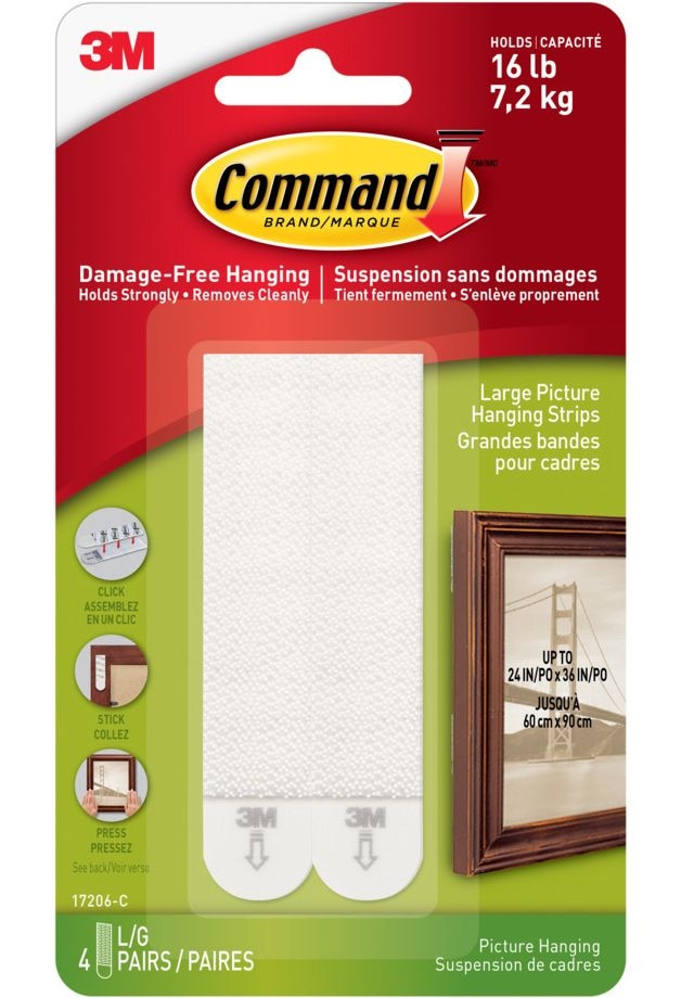 Command Large Adhesive Picture Hanging Strips, White, 16-lbs, 4 Strips per Pack E9