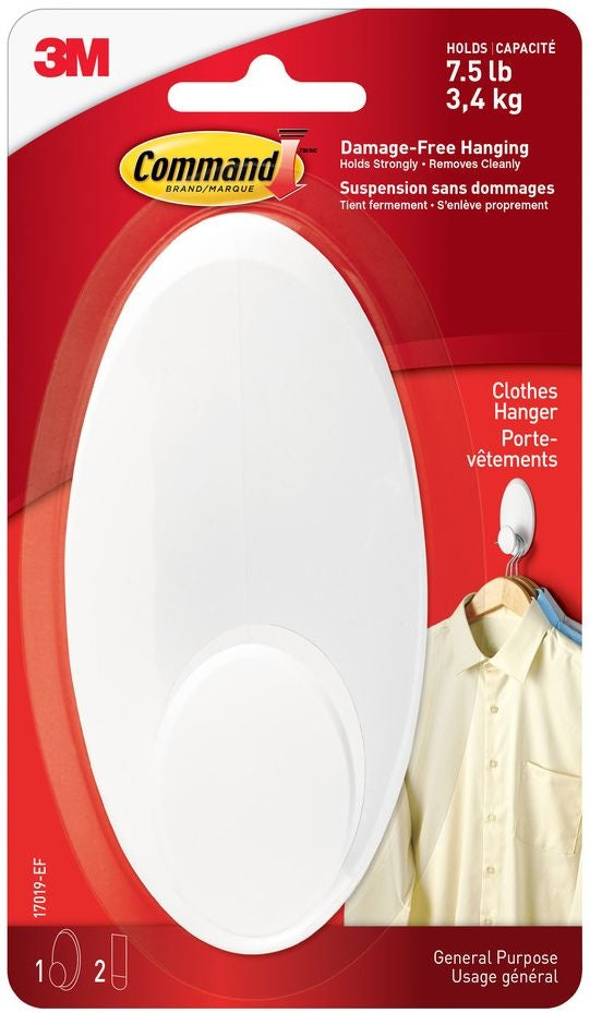 Command Large Clothes Hanger Organizing Hook with Adhesive Strips, White, 7.5-lbs, 1 Strip per Pack S4