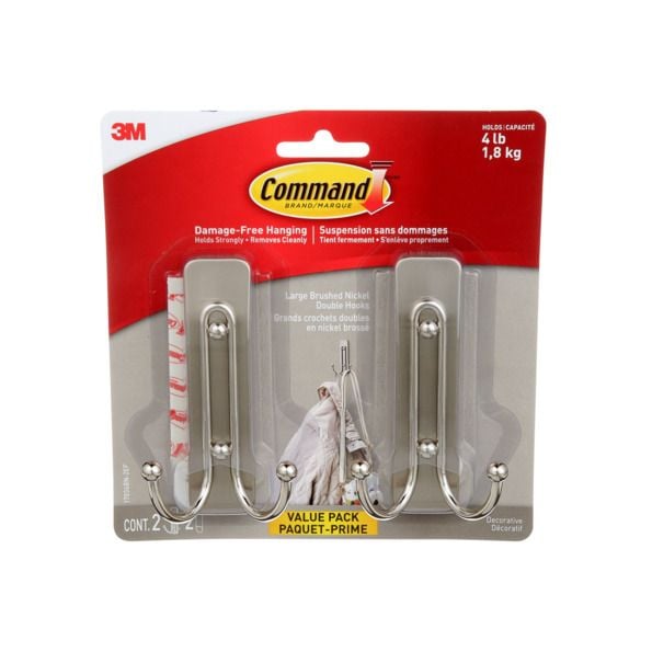 Command Large Decorative Double Hooks Value Pack with Adhesive Strips, Brushed Nickel, 4-lbs, 2 Strips per Pack C1