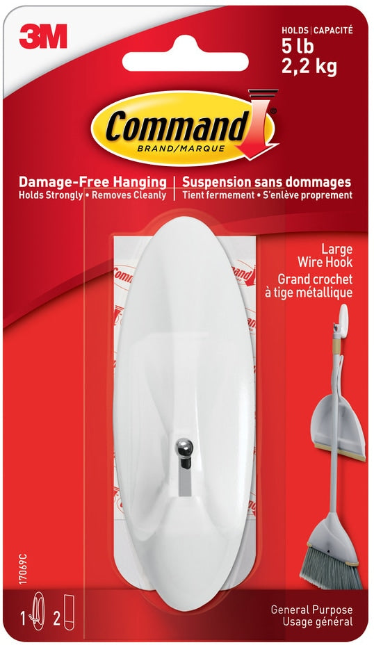 Command Large Wire Hook with Adhesive Strips, White, 5-lbs, 1 Strip per Pack M5