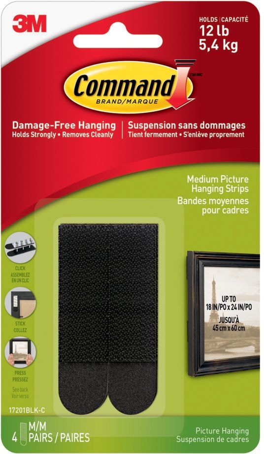 Command Medium Adhesive Picture Hanging Strips, Black, 12-lbs, 4 Strips Per Pack M6