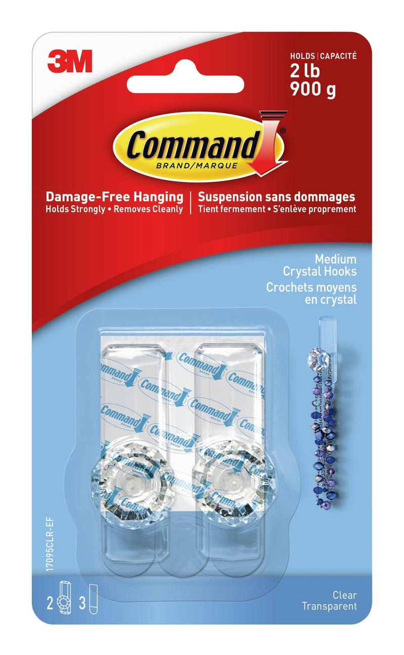 Command Medium Decorative Crystal Hooks with Adhesive Strips, Clear, 2-lbs, 2 Strips per Pack H2