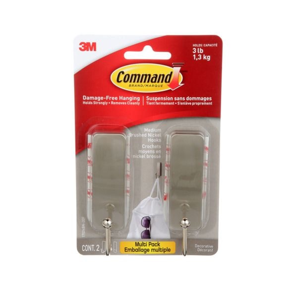 Command Medium Decorative Hooks with Adhesive Strips, Brushed Nickel, 3-lbs, 2 Strips per Pack T9