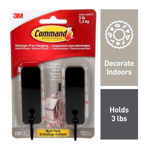 Command Medium Decorative Hooks with Adhesive Strips, Matte Black, 3-lbs, 2 Strips per Pack E1