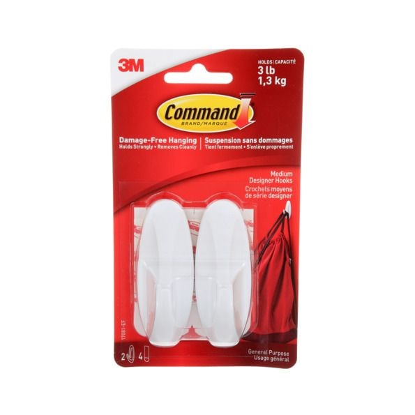 Command Medium Designer Hooks with Adhesive Strips, White, 3-lbs, 2 Strips per Pack K0