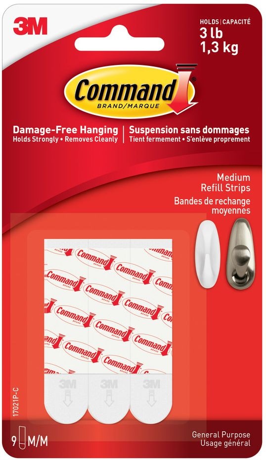 Command Medium General Purpose Refill Strips for Adhesive Hooks, White, 3-lbs, 9 Strips per Pack W0