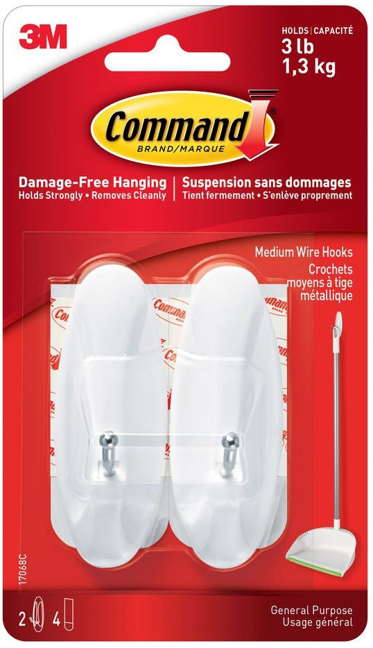 Command Medium General Purpose Wire Hooks with Adhesive Strips, White, 3-lbs, 2 Strips Per Pack G3