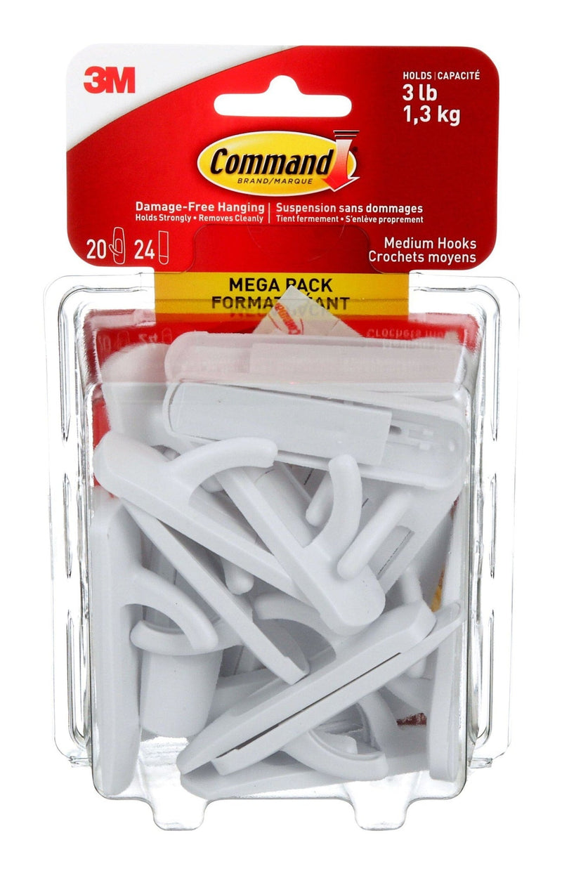 Command Medium Hooks Mega Pack with Adhesive Strips, White, 3-lbs, 20 Hooks/Pack B7
