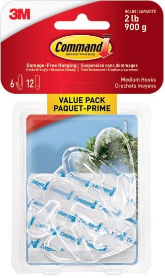Command Medium Hooks Value Pack with Adhesive Strips, Clear, 2-lbs, 6 Strips per Pack T9