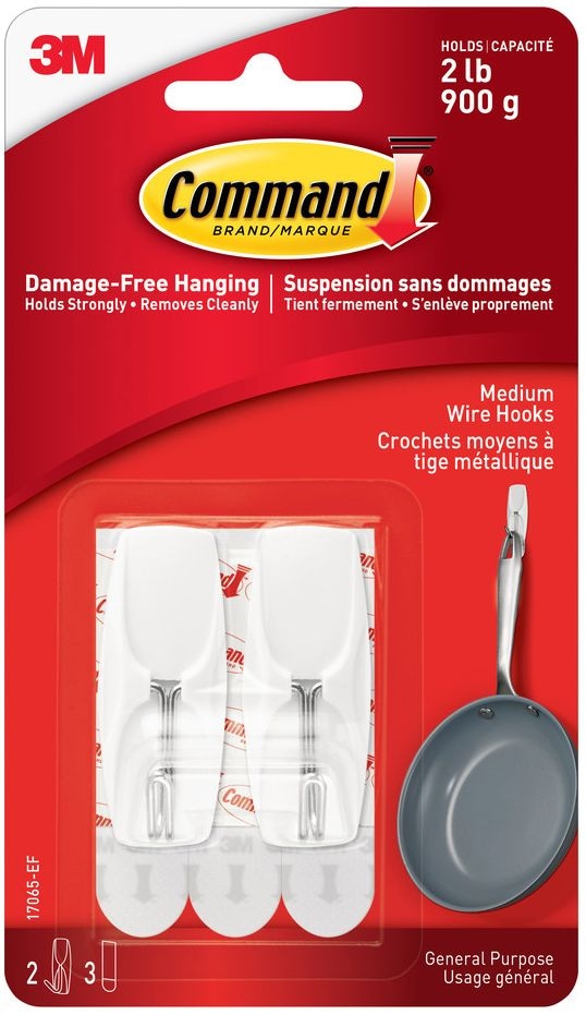 Command Medium Wire Toggle Hooks with Adhesive Strips, White, 2-lbs, 2 Strips per Pack H3