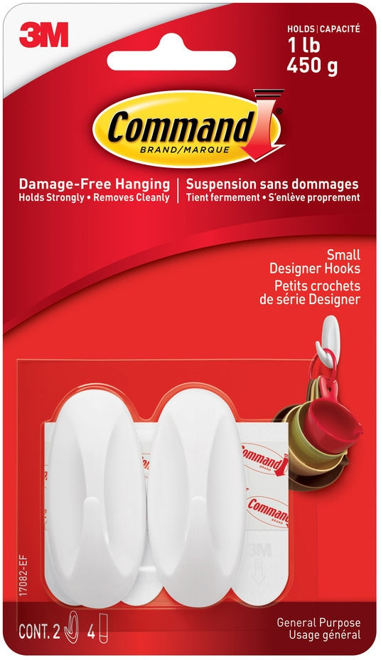 Command Small Designer Hooks with Adhesive Strips, White, 1-lb, 2 Strips per Pack K9