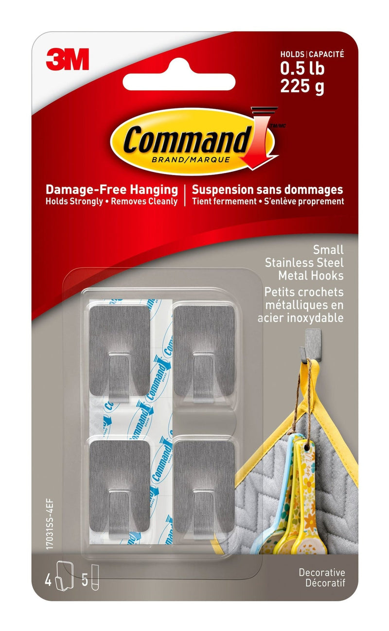 Command Small Stainless Steel Metal Hooks with Adhesive Strips, Silver, 0.5-lbs, 4 Strips per Pack T3