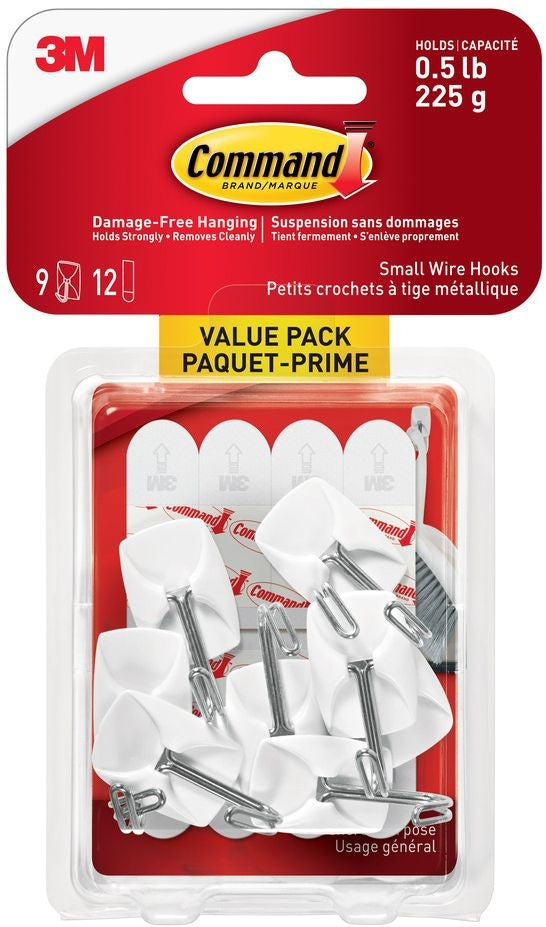 Command Small Wire Hooks Value Pack with Adhesive Strips, White, 0.5-lbs, 9 Strips per Pack A7