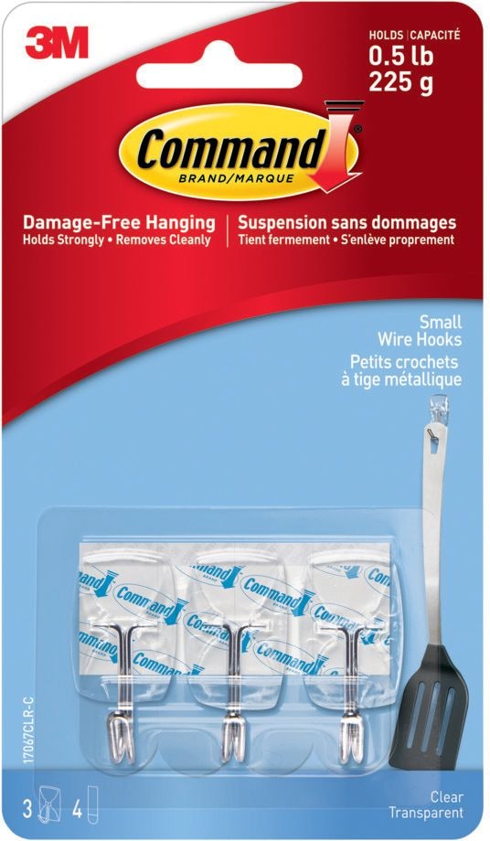 Command Small Wire Hooks with Adhesive Strips, Clear, 0.5-lbs, 3 Strips per Pack O1