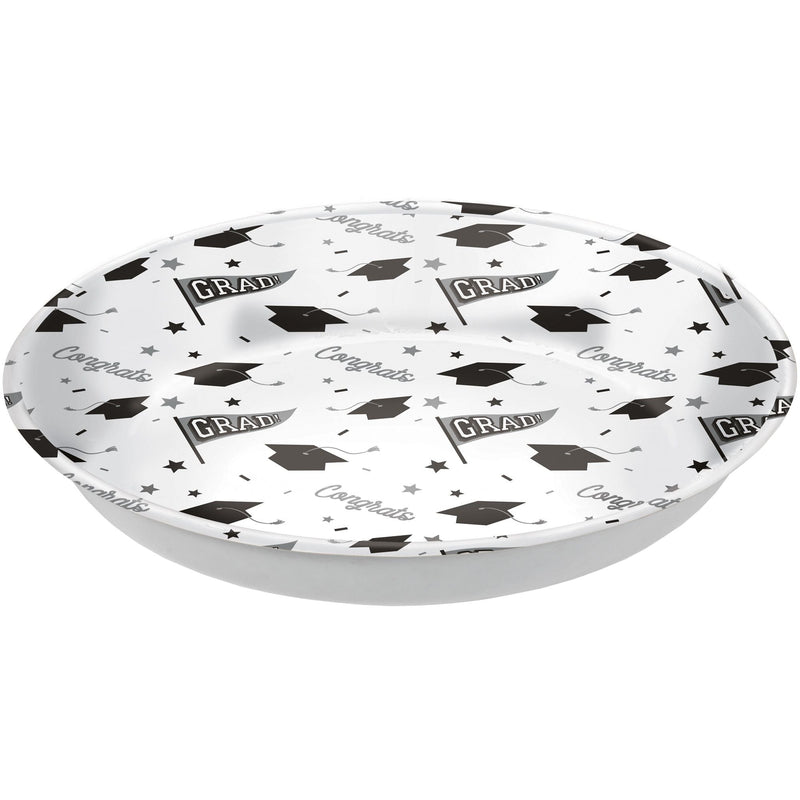 "Congrats Grad" Round Plastic Reusable Serving Bowl, White, 14-in, for Graduation S7