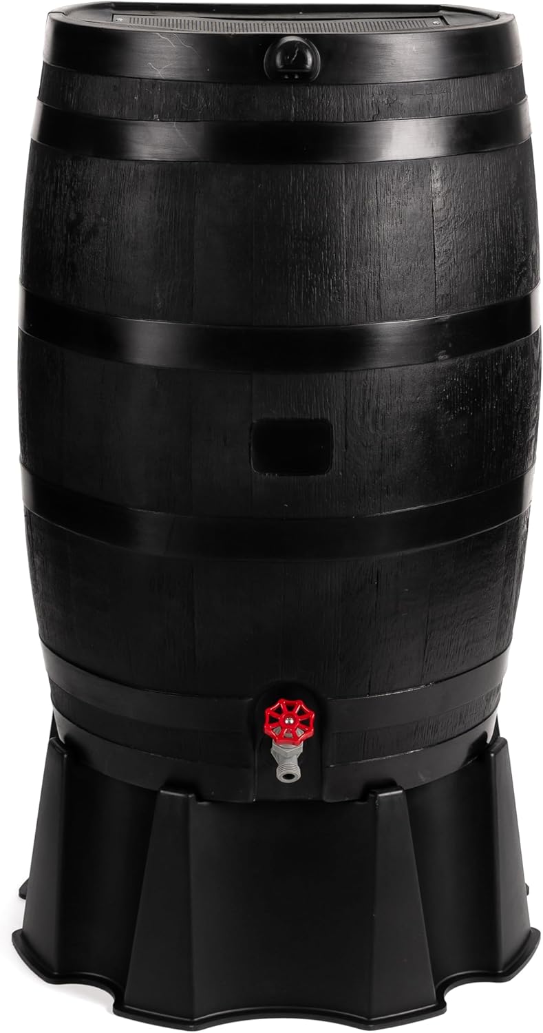 RTS Home Accents 50-Gallon ECO Rain Barrel Made with 100% Recycled Plastic, Flat Back Rain Water Collection Barrel, Black V8