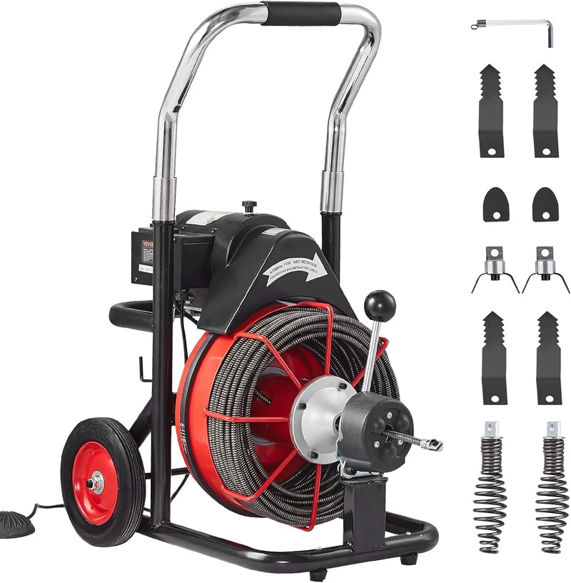 Drain Cleaner Machine 100FT x 1/2 Inch, Auto Feed Sewer Snake Auger on Wheels, 550W Portable Drain Cleaning Machine with 8 Cutters & Air-activated Foot Switch for 2" to 4" Pipes N9