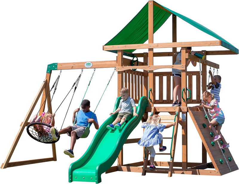 A complete set of wooden mountain-style swings, equipped with a colorful canvas sunshade, a wave slide, a rope swing, a net swing, and a rock wall with climbing ropes and ladders. G0