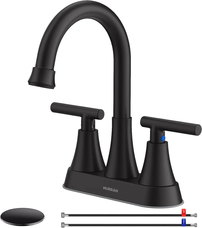 Bathroom Faucets for Sink 3 Hole, Hurran 4 inch Matte Black Bathroom Sink Faucet with Pop-up Drain F5