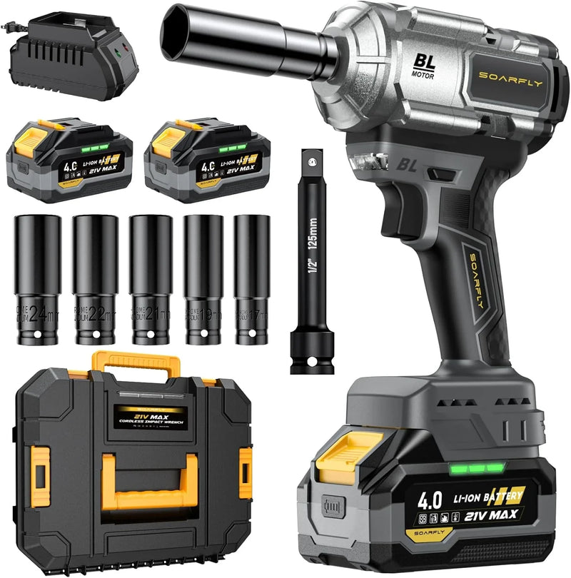 Cordless Impact Wrench, 1200Nm(900ft-lbs) High Torque 1/2'' Impact Wrench, 21V Brushless Electric Impact Gun with 2Pcs 4.0Ah Batteries, 1 Hour Fast Charger, 5 Sockets, Power Impact Driver for Car Home O4